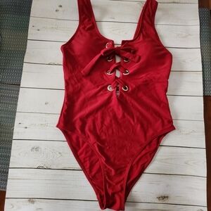 Cabana Del Sol Red Lace-Up High Cut One Piece Swimsuit Size Small